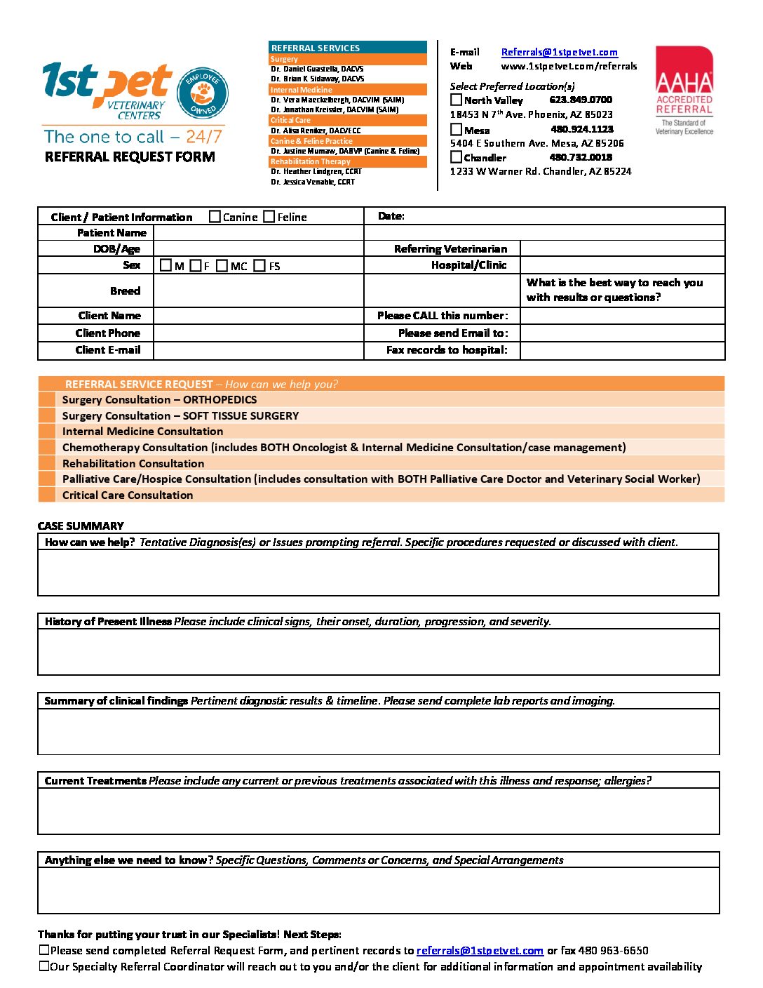 Referral Form: 1st Pet Veterinary Centers